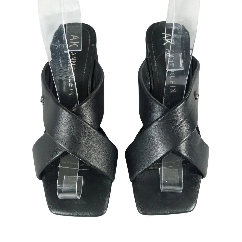 ANNE KLEIN! BLACK VEGAN LEATHER CRISS CROSS STRAP CHUNKY HEELS, SANDALS! 6.5M